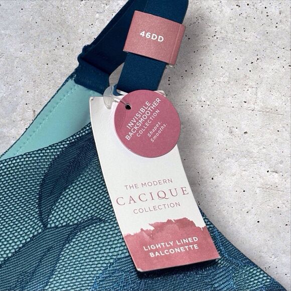 Cacique 46DD Invisible Back Smoother Bra Lace Lightly Lined Balconette Teal NWT - Picture 9 of 12
